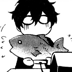 ID: Art of Joker from Persona 5 from DNA Media Persona 5 Comic Anthology, Chapter 3; Artist is Hayase Reku. A live sea bream flops about in his arms while he holds a game controller.